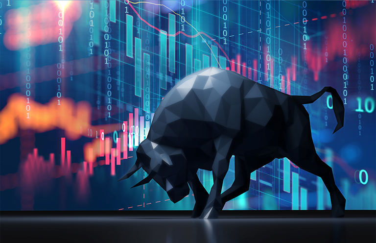 Illustration of a bull in front of a stock market graph